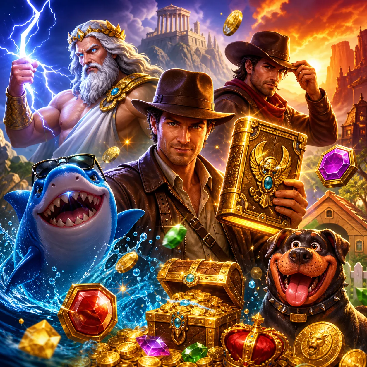 Premium illustration of fantasy character and vibrant landscape from a slot game